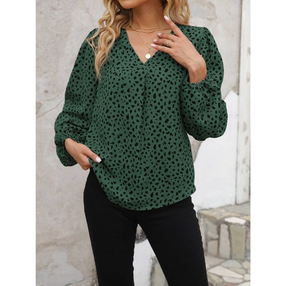 Leopard Print long sleeve v neck Lantern Sleeve Blouse boho tan black - Picture 8 of 11